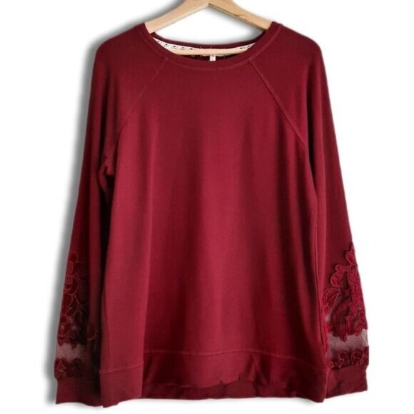 MAURICES / Lace Applique Sweatshirt Crewneck Top Wine Burgundy Sz S - Picture 6 of 13